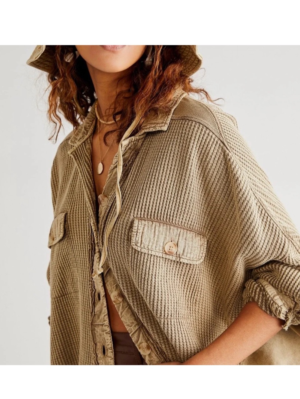 Free People FP One Scout Jacket in a beige waffle knit